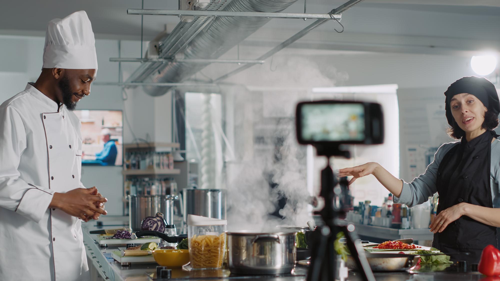 studio kitchen with tech utensils and screens